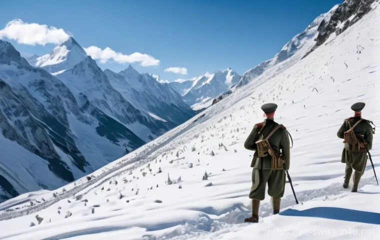 제2차 세계대전과 스위스의 역할 - **"A panoramic, wide-angle shot of the majestic Swiss Alps during the height of World War II. The sc...