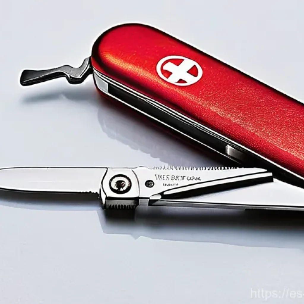 스위스 나이프 종류 및 활용법 - **Prompt:** "A highly detailed, macro shot showcasing the intricate engineering and array of shiny, ...