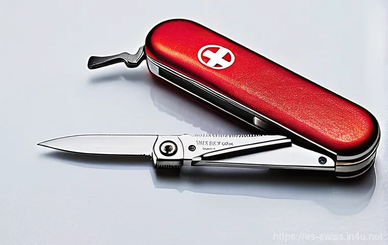 스위스 나이프 종류 및 활용법 - **Prompt:** "A highly detailed, macro shot showcasing the intricate engineering and array of shiny, ...