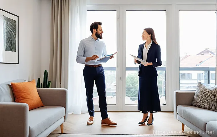 스위스에서 집 구하기 - **Prompt:** A dynamic, wide-angle shot inside a bright, modern apartment in a bustling Swiss city. A...