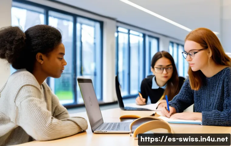 로잔 공과대학교 유학 가이드 - **Prompt: Focused University Students in a Modern Study Hub**
    A group of diverse university stud...