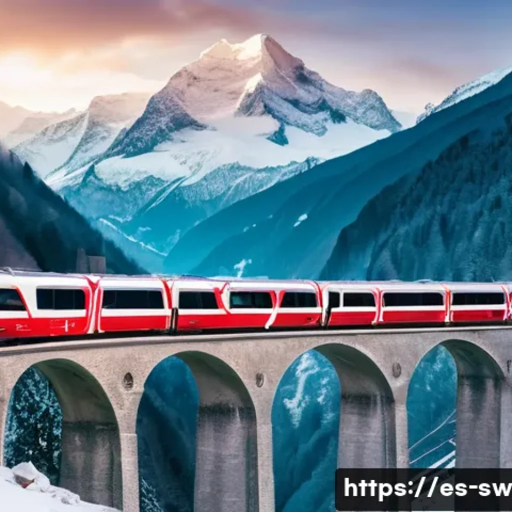 글래시어 익스프레스 리뷰 - **A majestic Glacier Express train car gently curving over the iconic Landwasser Viaduct during a ma...