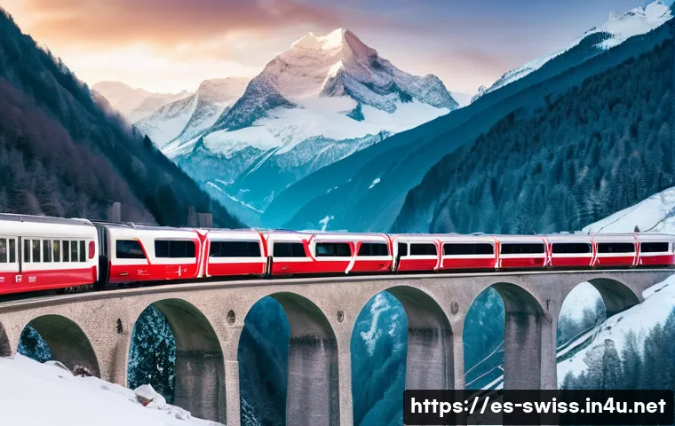 글래시어 익스프레스 리뷰 - **A majestic Glacier Express train car gently curving over the iconic Landwasser Viaduct during a ma...