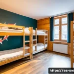 Home 22 스위스 여행 경비 절감 팁 - A cozy, budget-friendly Swiss hostel interior with a mix of private and shared rooms, clean wooden b...