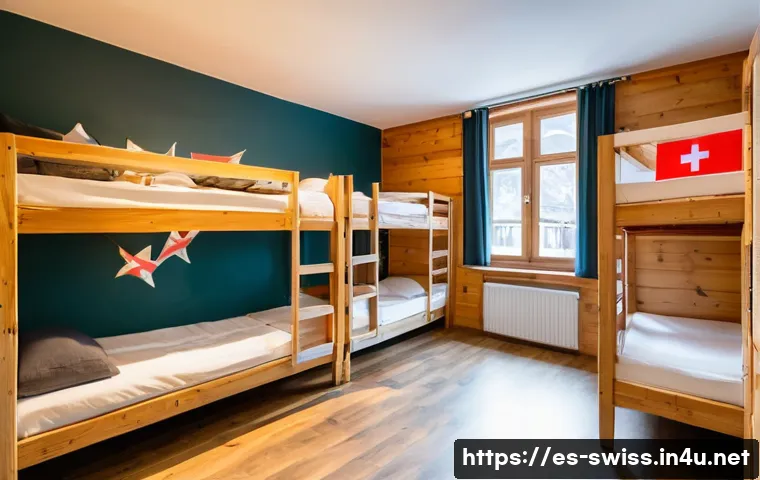 스위스 여행 경비 절감 팁 - A cozy, budget-friendly Swiss hostel interior with a mix of private and shared rooms, clean wooden b...