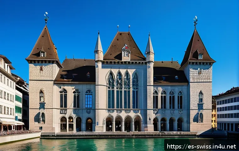 스위스 국립 박물관 탐방 - A detailed exterior view of the Swiss National Museum in Zurich, showcasing its striking neo-Gothic ...