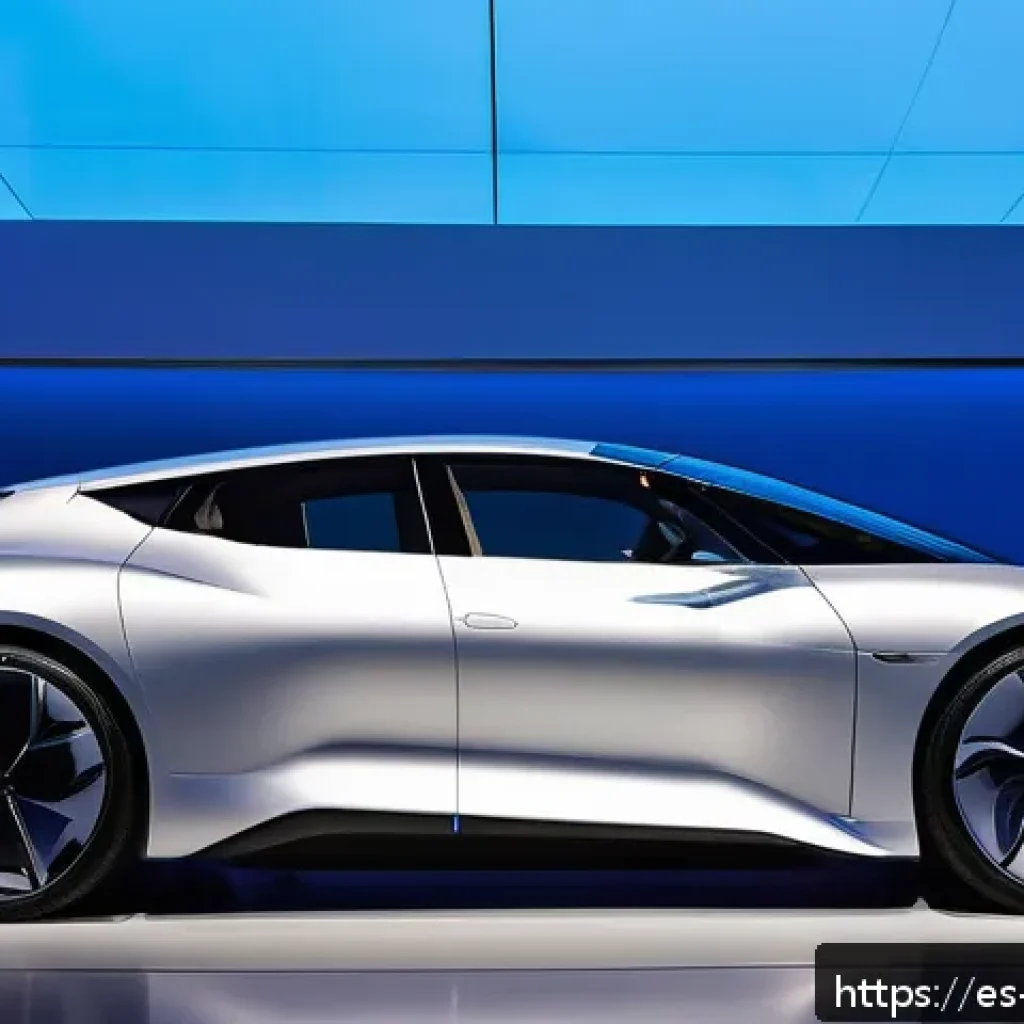 제네바 모터쇼 특징 - A sleek, futuristic electric car displayed at a high-end automotive show in Geneva, featuring a luxu...