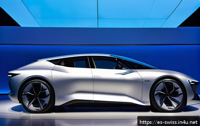 제네바 모터쇼 특징 - A sleek, futuristic electric car displayed at a high-end automotive show in Geneva, featuring a luxu...