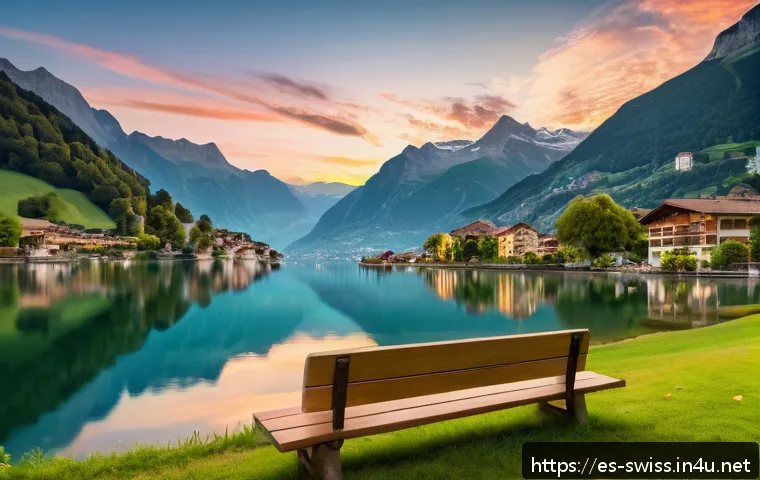 스위스 이탈리아어 사용 지역 - A serene lake in Italian-speaking Switzerland during sunset, with crystal-clear water reflecting alp...