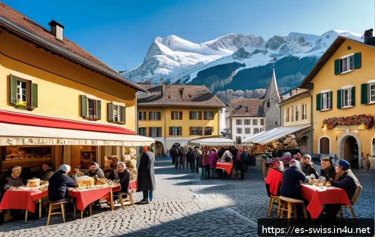 스위스 민족 구성과 특징 - A vibrant Swiss village scene showcasing the linguistic and cultural diversity of Switzerland: in th...