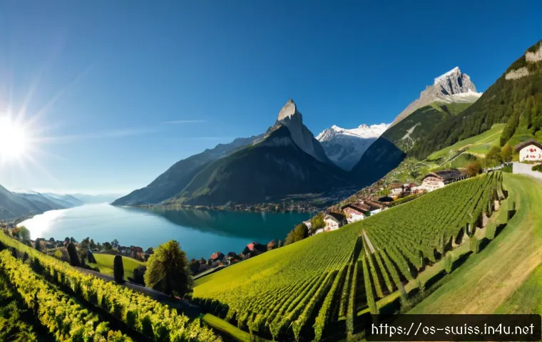 스위스 4개 공용어와 지역별 차이 - Photorealistic aerial view of Switzerland in early morning, natural landscape transitioning across f...