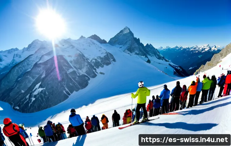 Home 17 스위스에서 세계적인 스포츠 이벤트 - Photorealistic panoramic view of an international winter sports event in the Swiss Alps, elite skier...