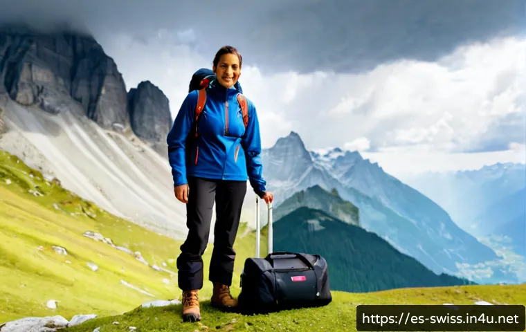 Home 17 스위스에서 기후에 맞는 여행 옷차림 - Photorealistic travel clothing comparison in the Swiss Alps: a Spanish-speaking adult traveler stand...
