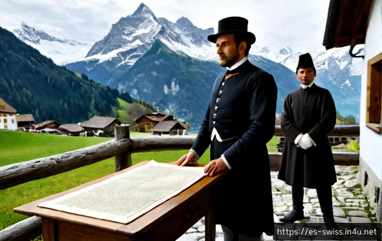 스위스의 중립국 역사 - Photorealistic historical scene of a 19th-century Swiss alpine valley, dignified diplomats in modest...