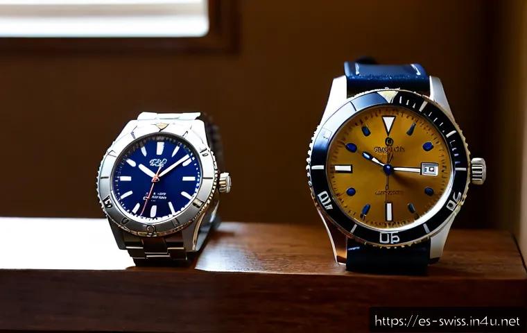 Home 17 스위스 오메가 vs 롤렉스 비교 - Photorealistic luxury watch comparison scene for a Spanish-speaking audience, two distinct unbranded...